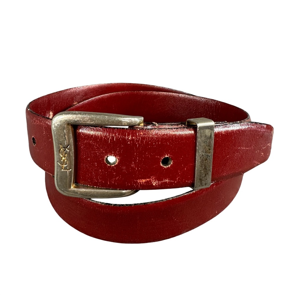 Yves Saint Laurent Vintage Burgundy Kipskin Leather YSL Logo Belt 34/85